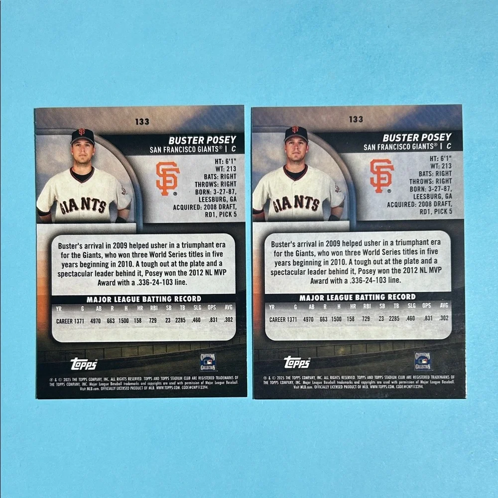 Buster Posey SF Giants 2025 Topps Stadium Club cards #133 base & pink parallel